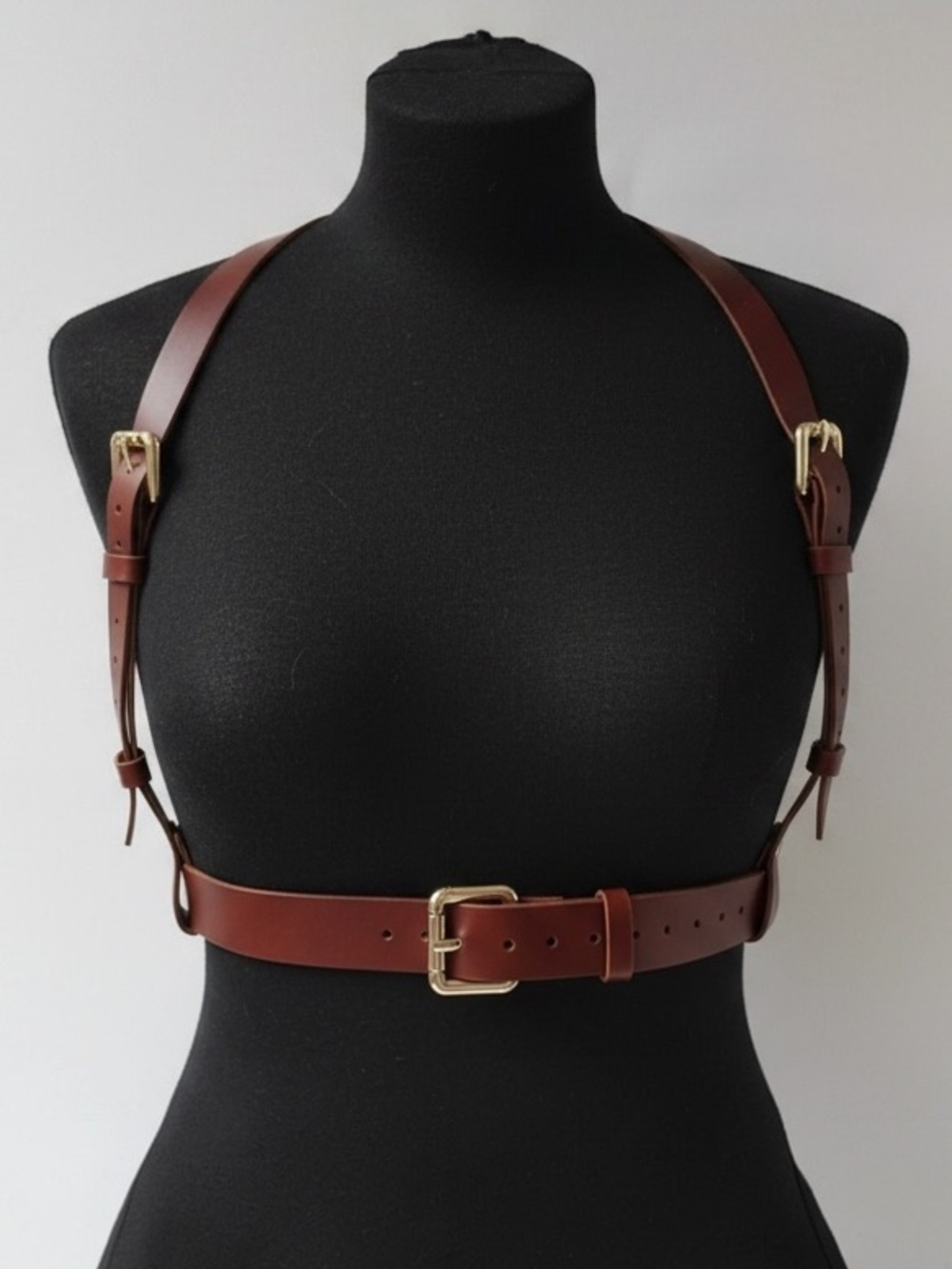 Brown Leather Harness Belt with Gold Buckles New